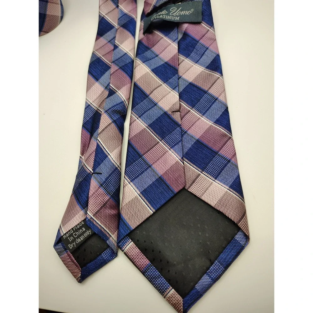 Punto Uomo Platinum Men's Silk‎ Blend Plaid Necktie Blue Pink Tan